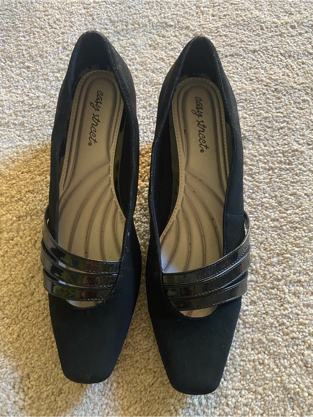 easy street Black Pointed Toe 2” heels with patent leather-like accent straps